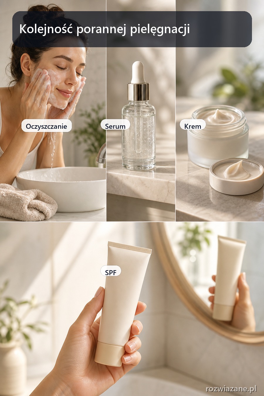 Kolejne etapy porannej pielęgnacji: oczyszczanie, serum, krem i SPF