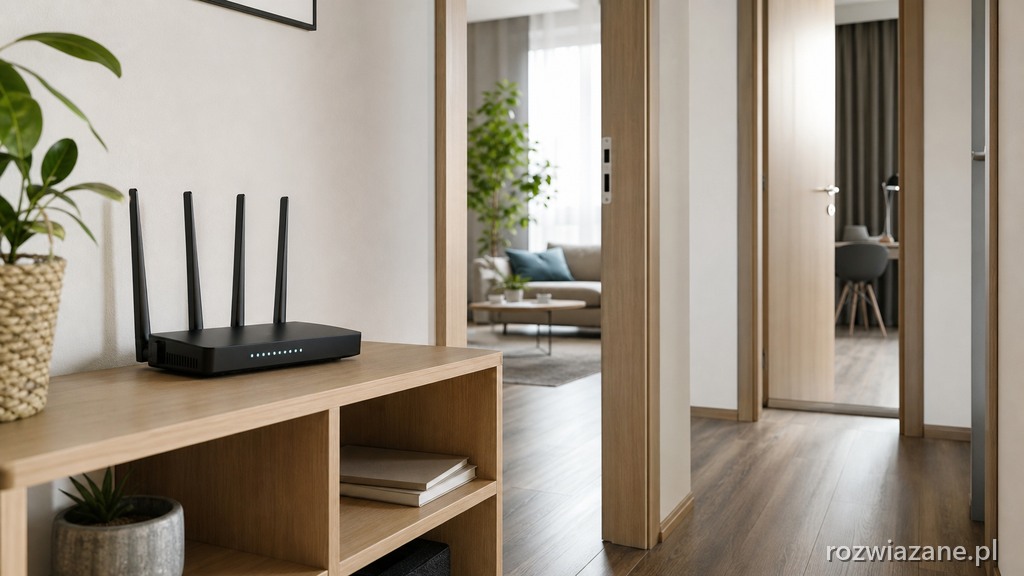 Router ustawiony na otwartej półce w centralnym miejscu mieszkania