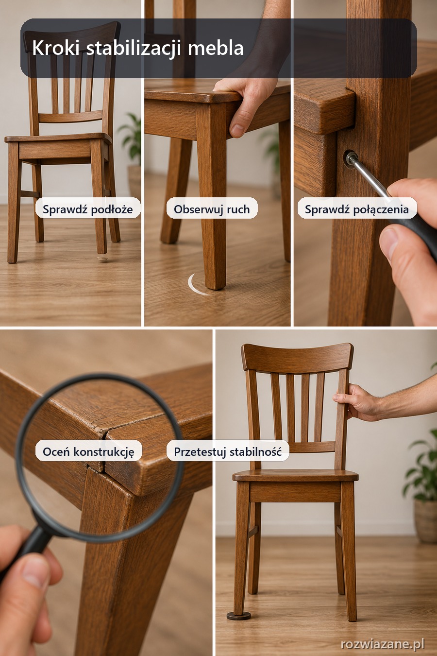 Kolejne kroki diagnozy i stabilizacji chwiejnego drewnianego mebla