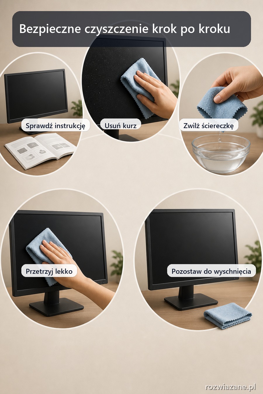 Kolejne etapy bezpiecznego czyszczenia ekranu monitora mikrofibrą